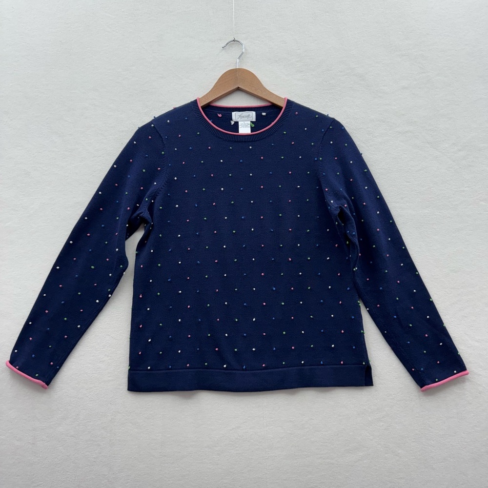Foxcroft Women's Large Blue Polka Dot Long Sleeve Pullover Sweater